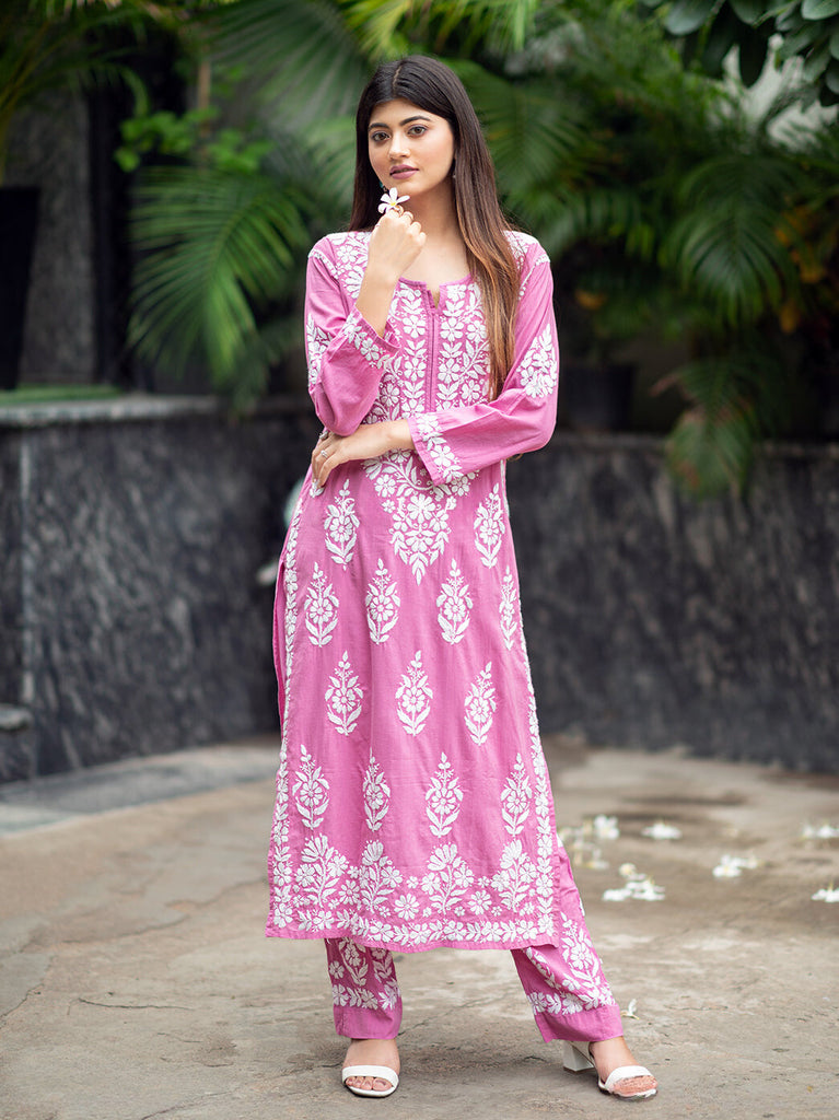 Rayon Cotton Chikankari Kurta With Pant Set