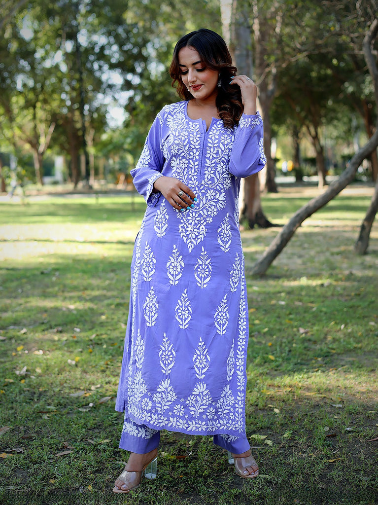 Rayon Cotton Chikankari Kurta With Pant Set