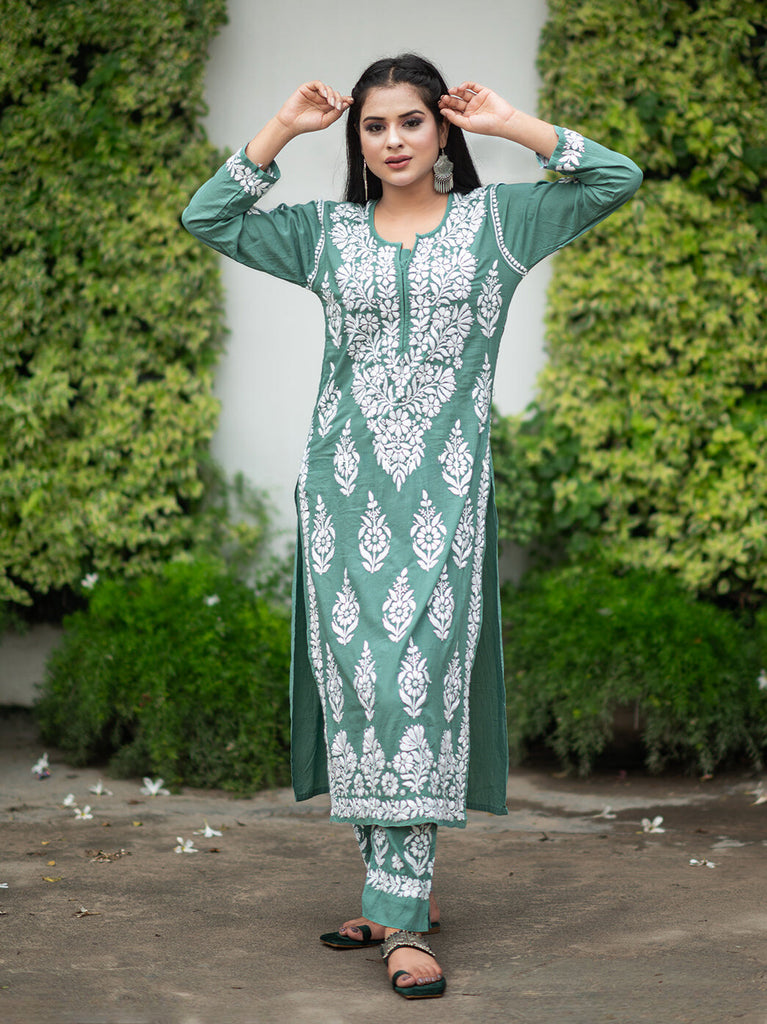 Rayon Cotton Chikankari Kurta With Pant Set