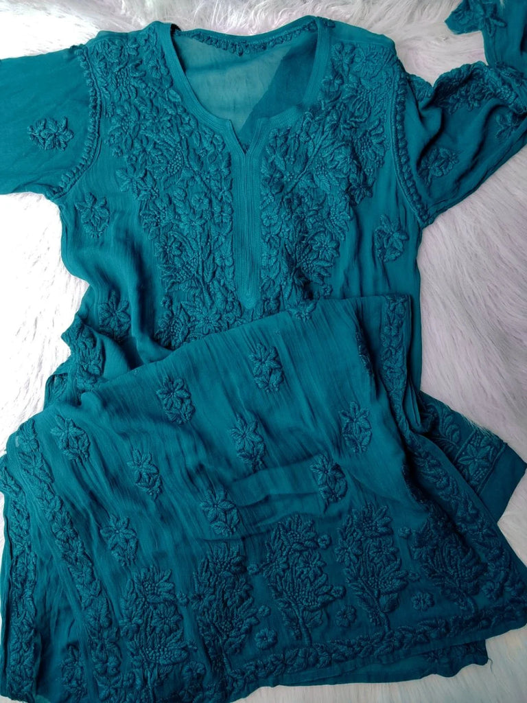 Viscose Georgette Chikankari Kurta & Pant With Dupatta Set