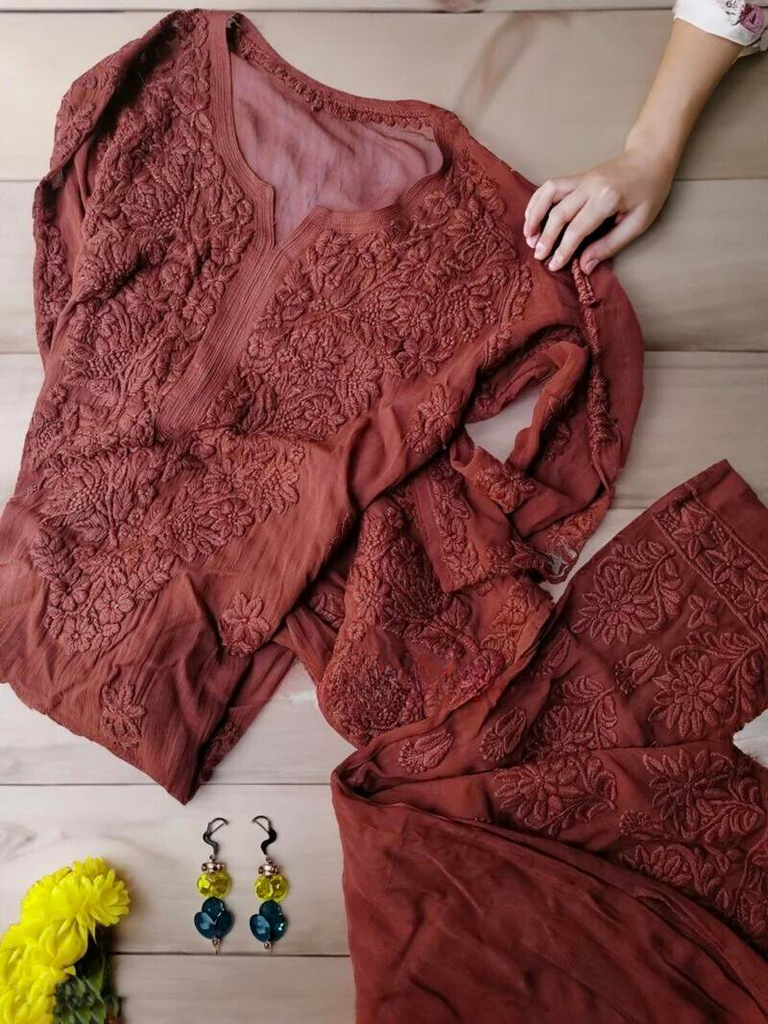 Viscose Georgette Chikankari Kurta & Pant With Dupatta Set