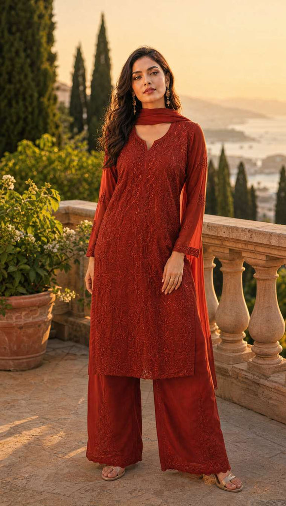 Women Rust Red Embroidered Chikankari Georgette Kurta Palazzo Set with Dupatta | Festive Ethnic Wear for Women