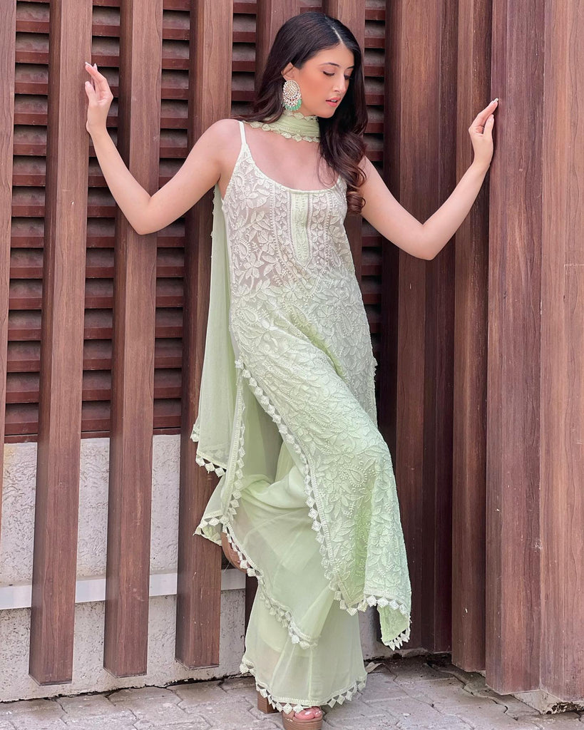 Lime Green Strappy Viscose Georgette Chikankari Kurta Palazzo Dupatta SurtiSilk Lime Green Strappy Viscose Georgette Chikankari Kurta Palazzo Dupatta SurtiSilk