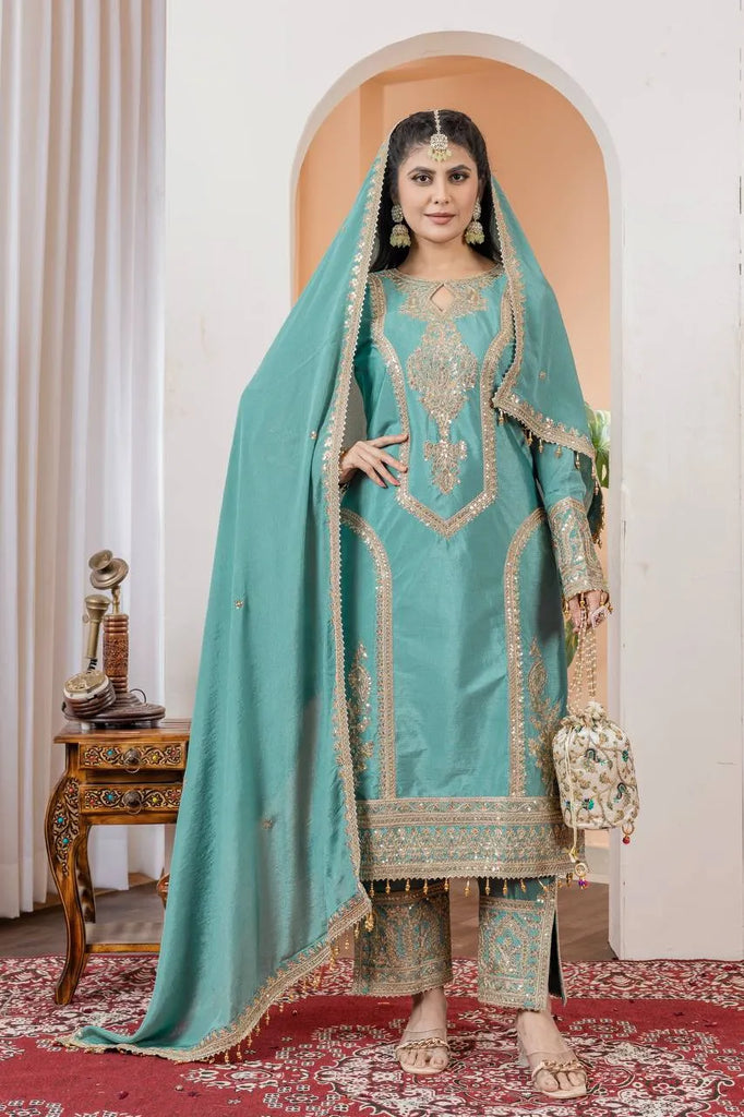 Firozi Chinon Silk Embroidered Work Salwar Suit