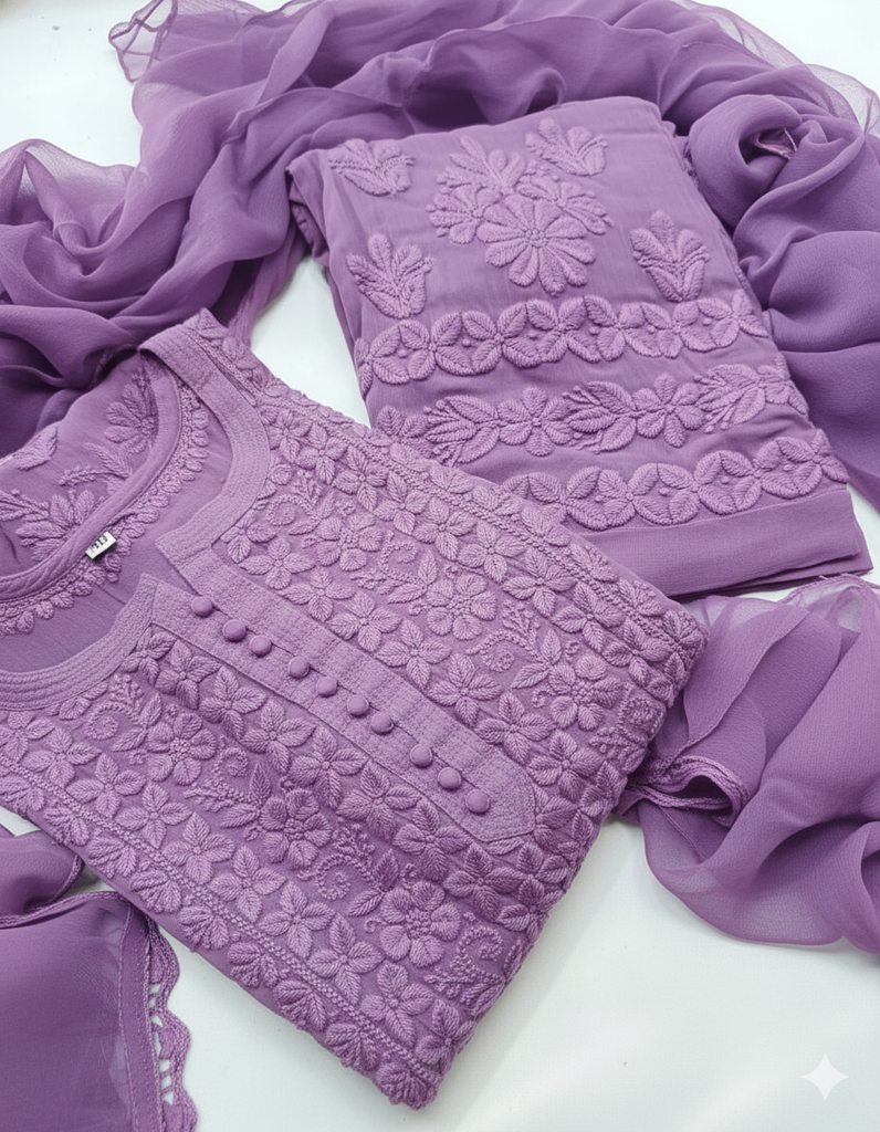 Georgette Chikankari Kurta &amp; Palazzo with Dupatta