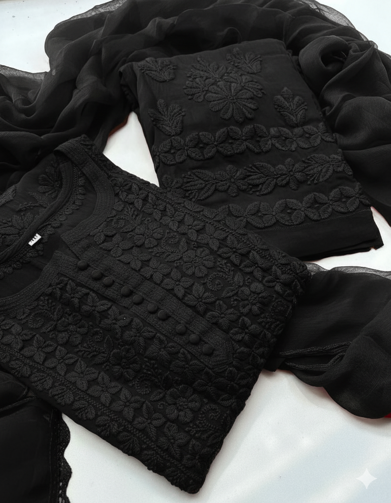 Georgette Chikankari Kurta &amp; Palazzo with Dupatta