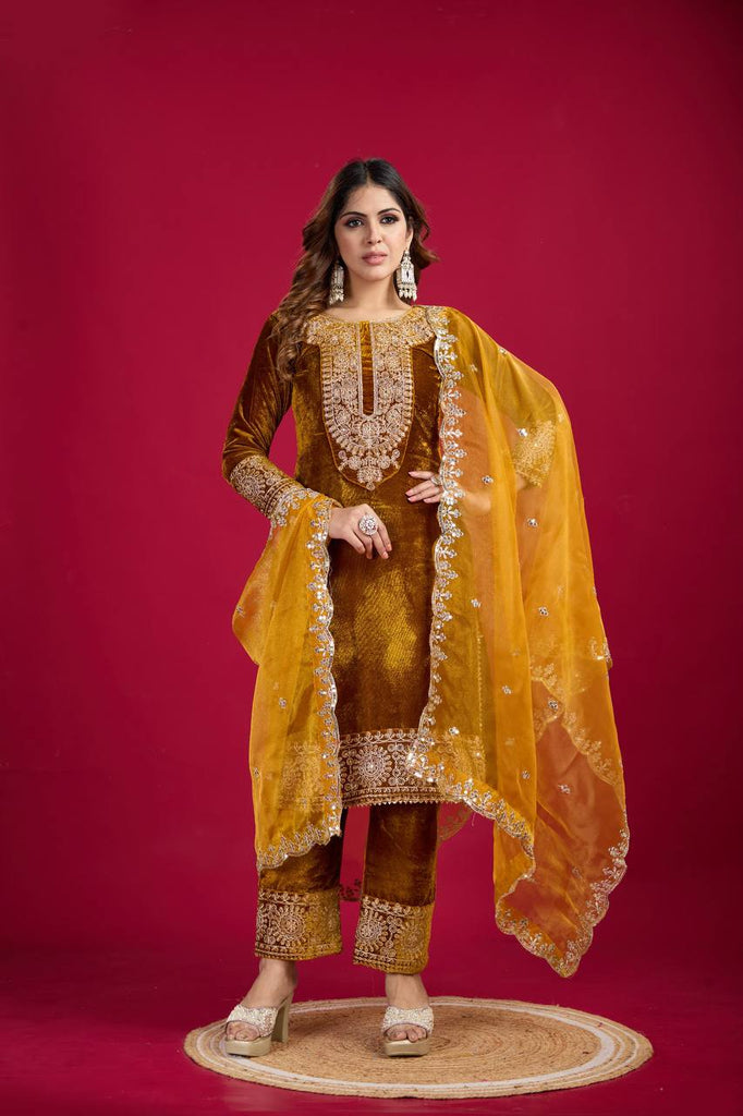 Golden Brown Viscose Velvet Sequence Embroidery Work Salwar Suit