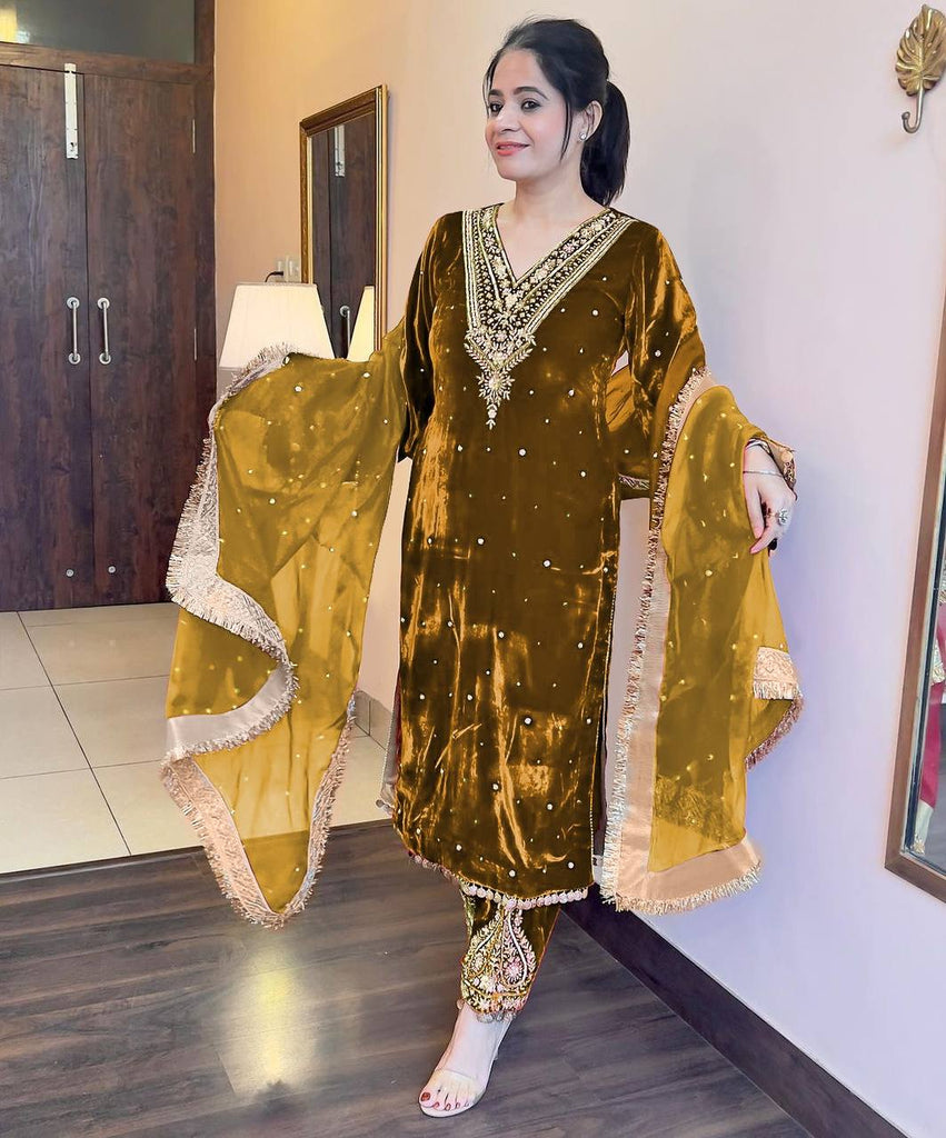 Golden Viscose Velvet Sequence Embroidery Work Salwar Suit