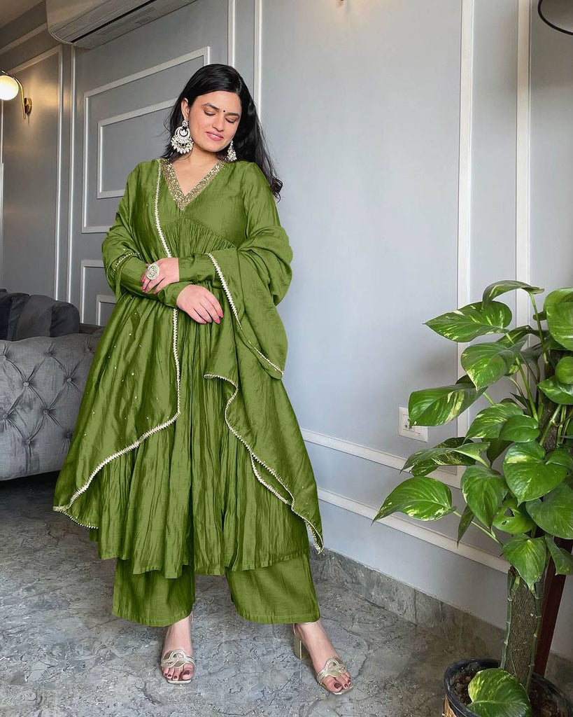 Green Chinon Silk Crush Embroidery Work Salwar Suit