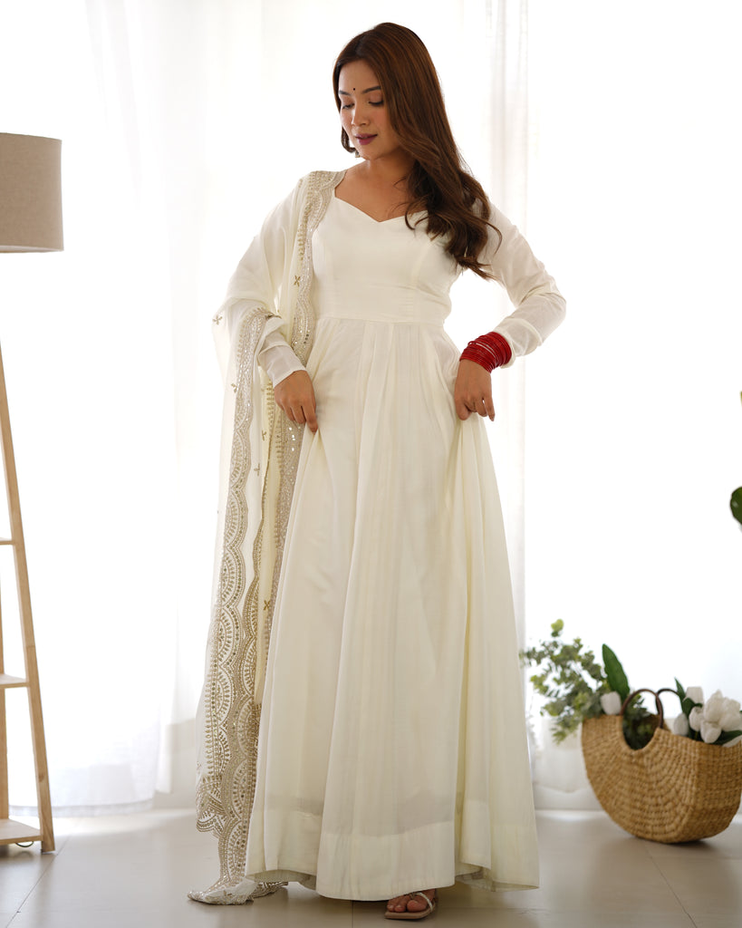 White Pure Roman Silk Chanderi Gown With Dupatta