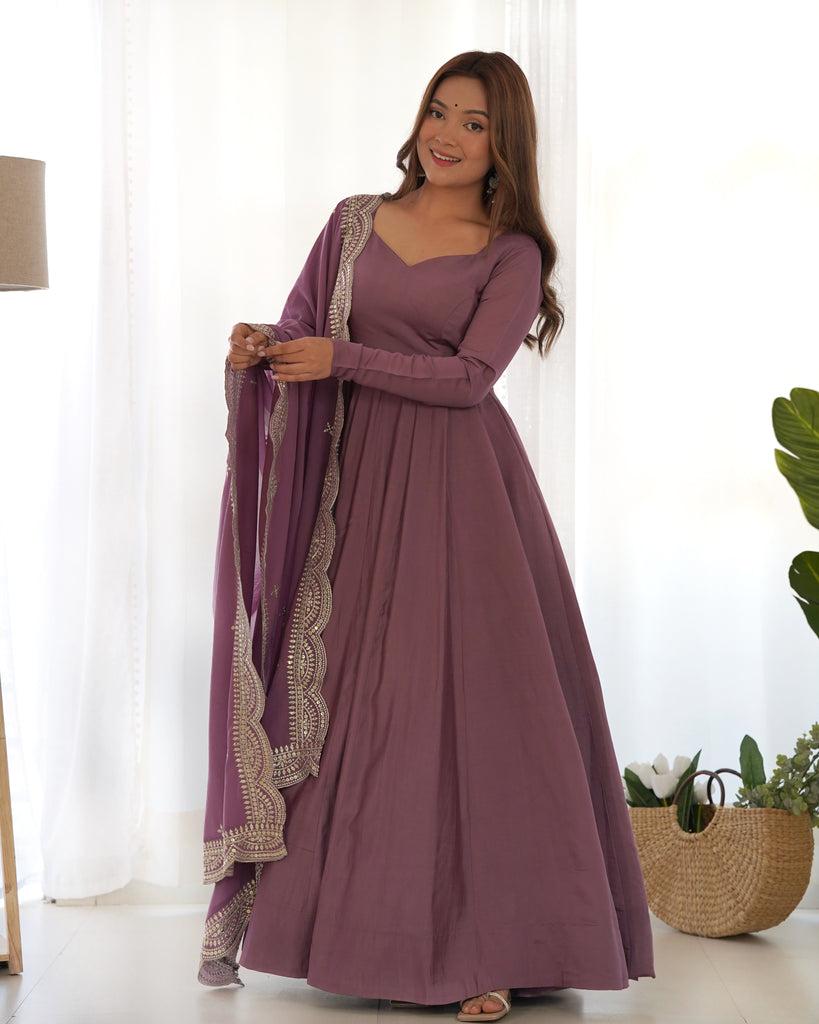 Mauve Pure Roman Silk Chanderi Gown With Dupatta