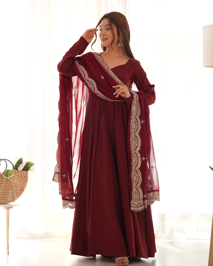 Maroon Pure Roman Silk Chanderi Gown With Dupatta