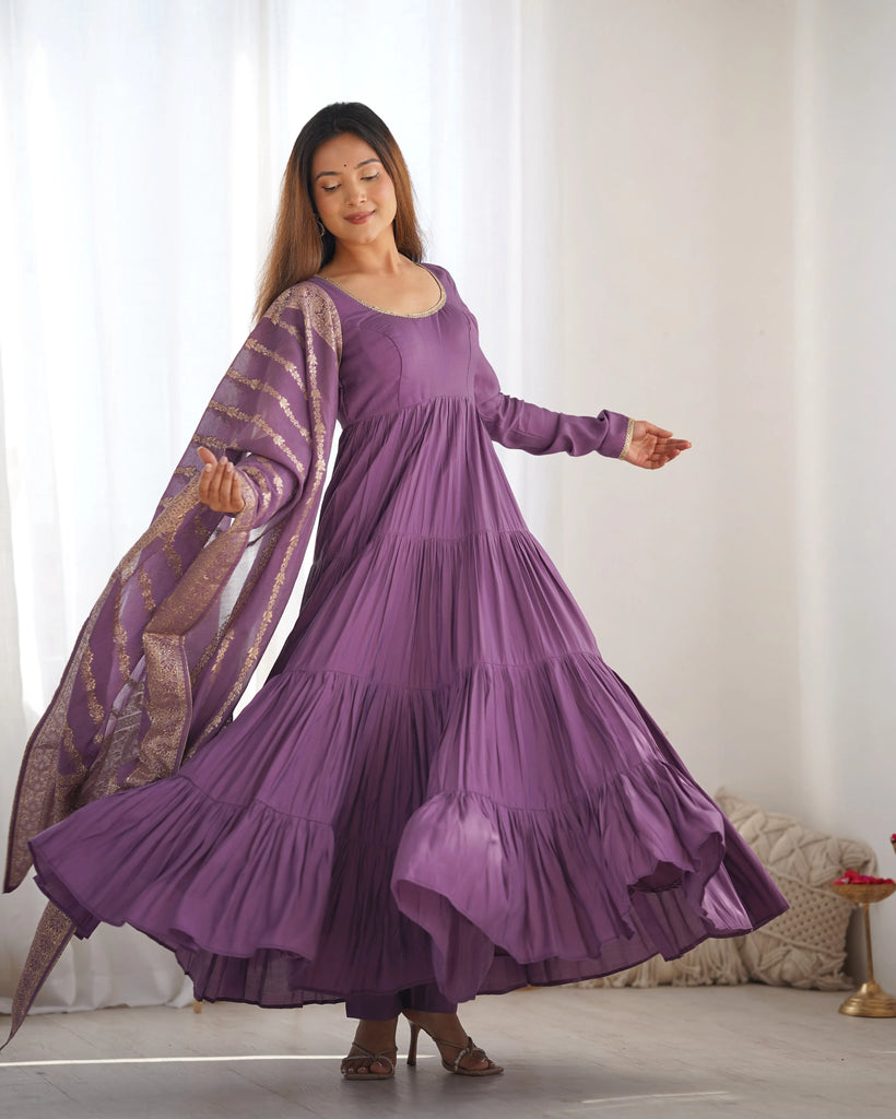 Purple Romansilk Chanderi Yoke Lace Work Gown