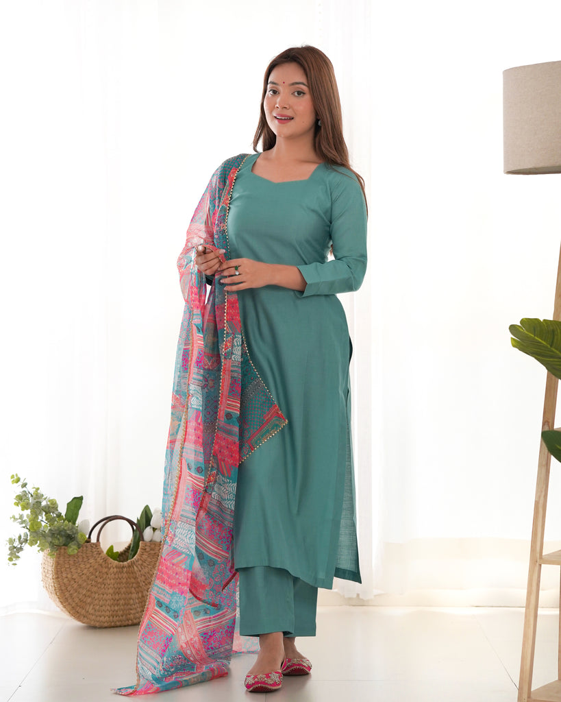 Sea Green Pure Viscose Kurti Pant With Dupatta