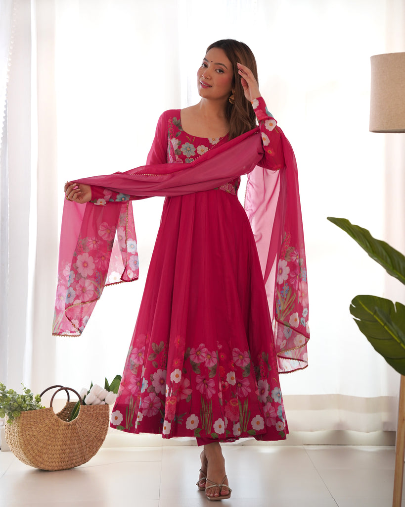 Pink Organza Silk Floral Printed Gown With Dupatta Set