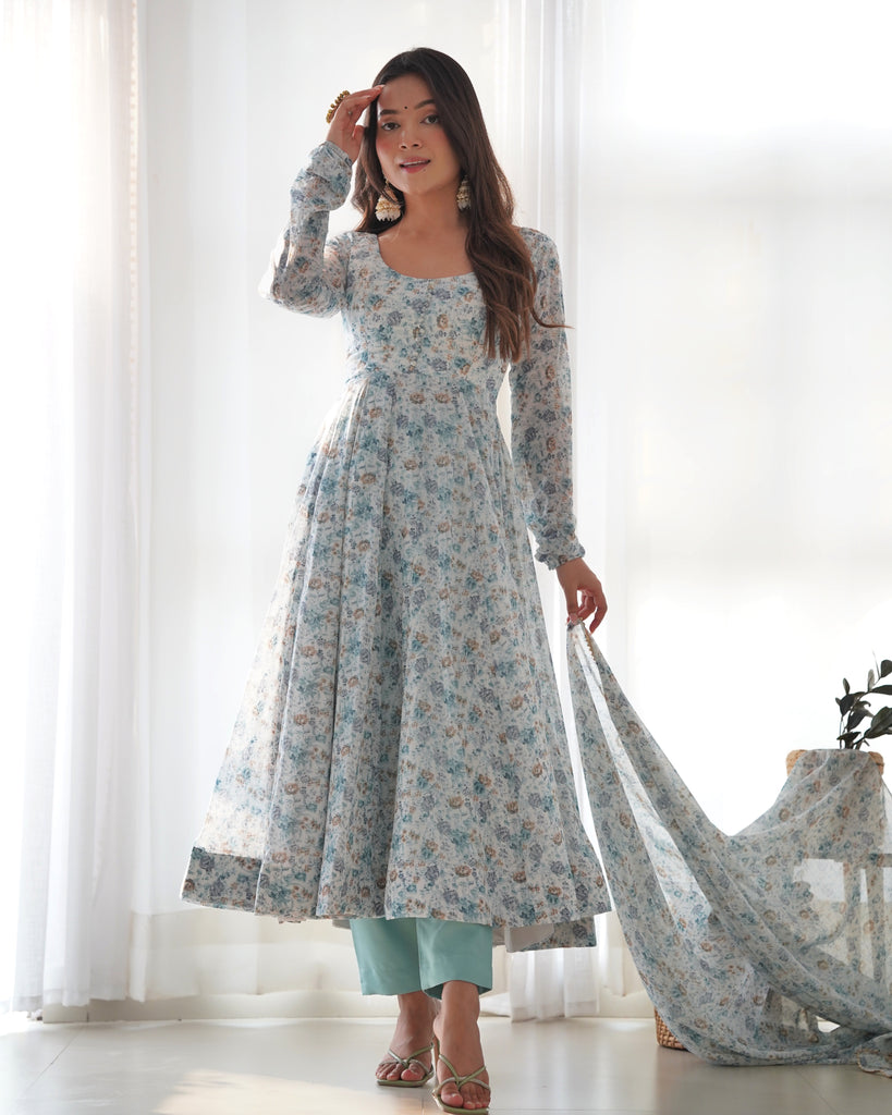 White Organza Chiffon Floral Printed Gown With Dupatta Set