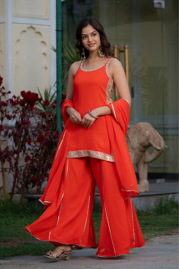 Women Solid Sleeveless Scoop Neck Kurta with Flared Palazzo & Dupatta – Festive Wear Co-ord Set
