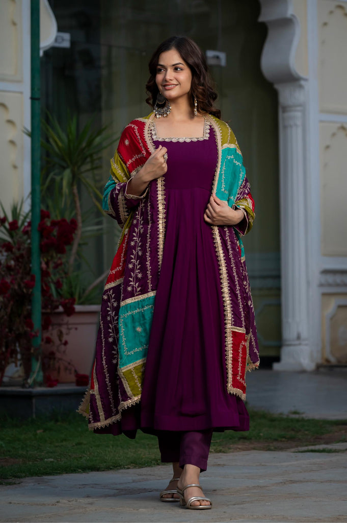 Women Flared Anarkali Kurta Set with Multicolor Embroidered Dupatta | Festive Ethnic Wear Suit