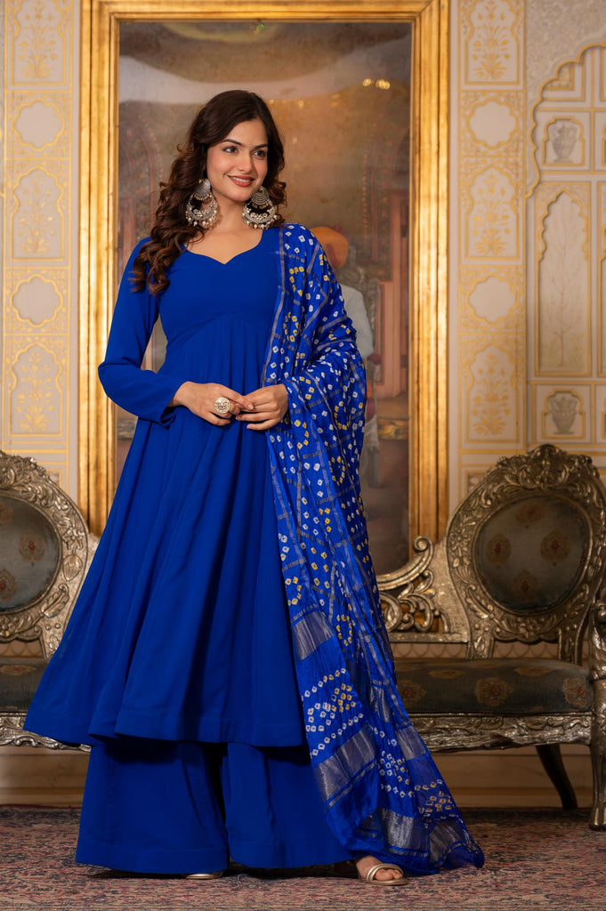 Women Royal Blue Flared Anarkali Kurta Set with Bandhani Dupatta | Festive Ethnic Wear Suit