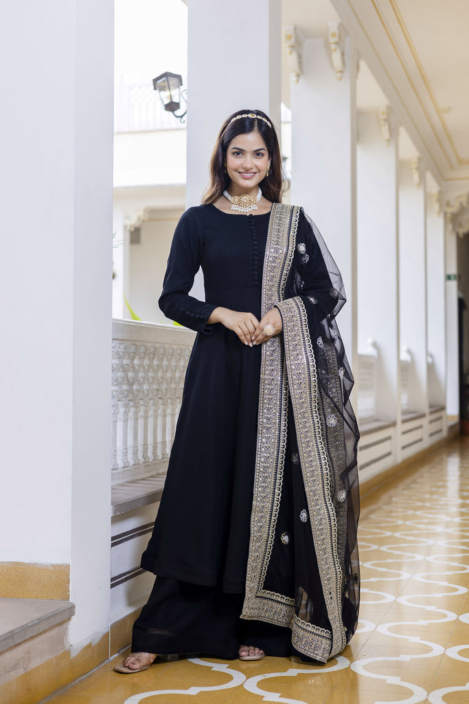 Black Georgette Kurta Palazzo Set with Heavy Zari Embroidered Dupatta for Festive & Wedding Wear