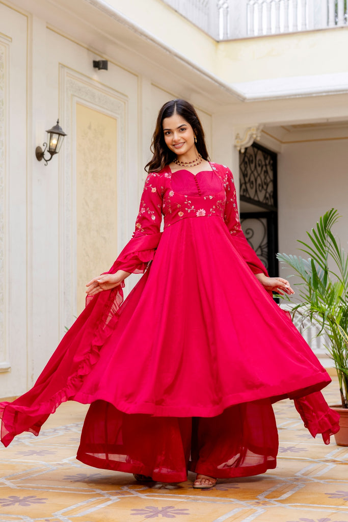 Luxury Ruby Glow Embroidered Silk Blend Flared Kurta Set with Palazzo & Ruffle Dupatta – Festive & Wedding Wear for Women