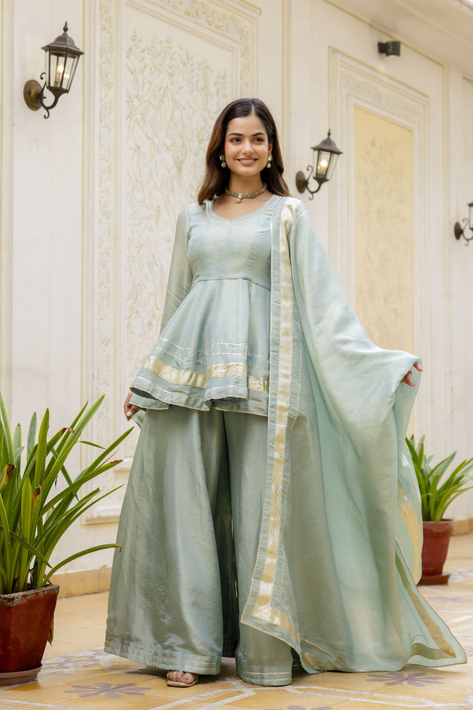 Mint Green Silk Blend Peplum Kurta with Sharara & Dupatta Set