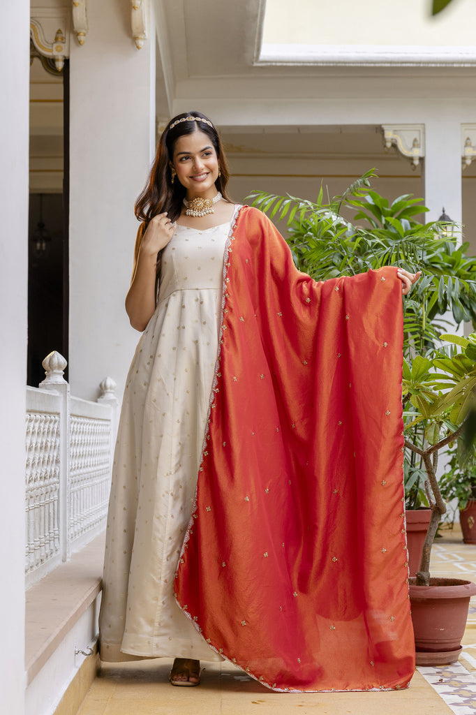 Moonlit Ivory Tissue Silk Sequins Embroidered Anarkali Gown with Churi –  SurtiSilk