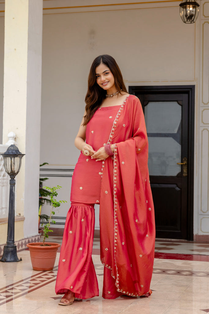 Coral Red Silk Hand-Embroidered Strappy Kurta with Sharara &amp; Dupatta – Festive &amp; Wedding Wear Ethnic Set for Women