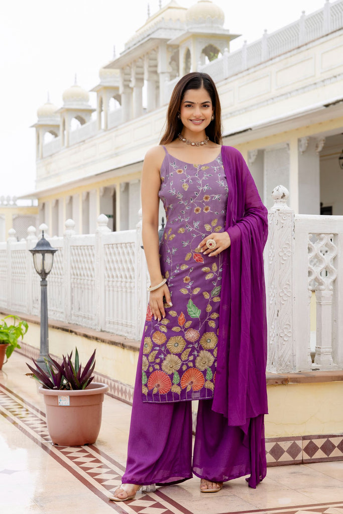 Royal Purple Silk Embroidered Strappy Kurta with Georgette Palazzo &amp; Dupatta – Festive &amp; Wedding Wear for Women