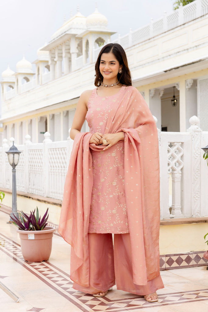 Blush Peach Silk Blend Strappy Kurta Set with Embroidered Kurta, Palazzo &amp; Dupatta – Festive &amp; Wedding Wear for Women