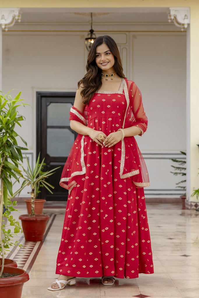 Classic Red Flared Kurta with Straight Pant & Net Dupatta