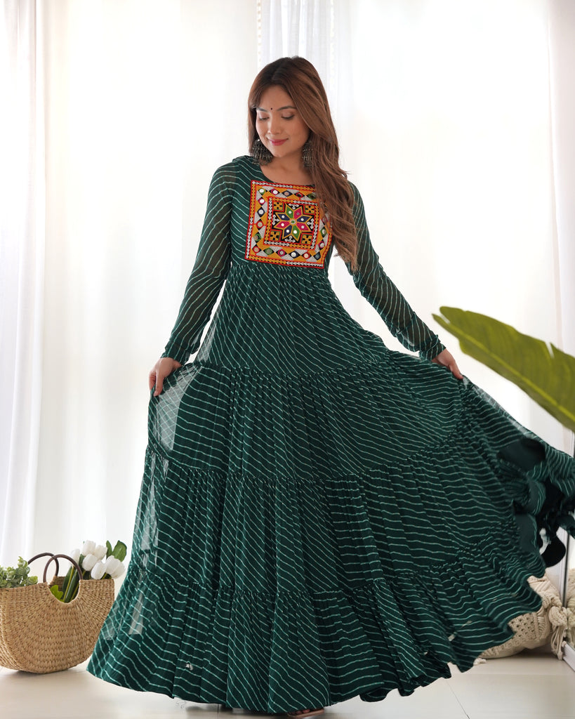 Dark Green Faux Georgette Laheriya Printed Gown