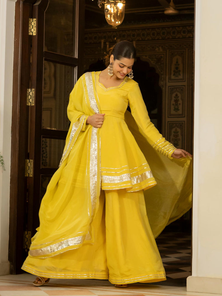 Silk Blend Peplum Kurta with Sharara & Dupatta Set