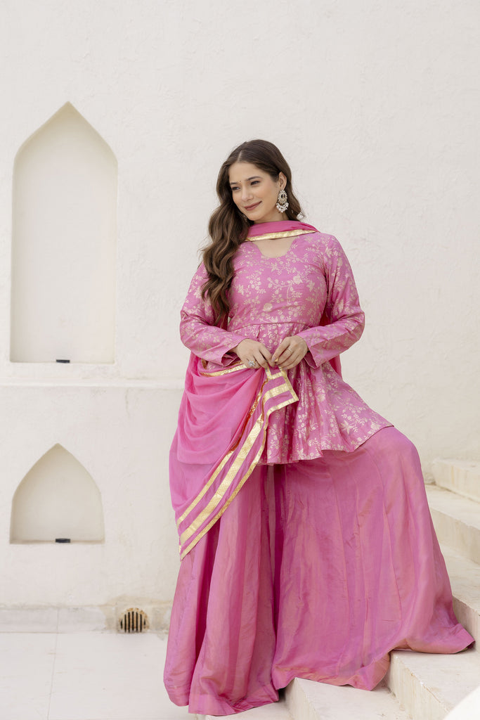 Blush Pink Brocade Peplum Kurta with Flared Palazzo & Chiffon Dupatta