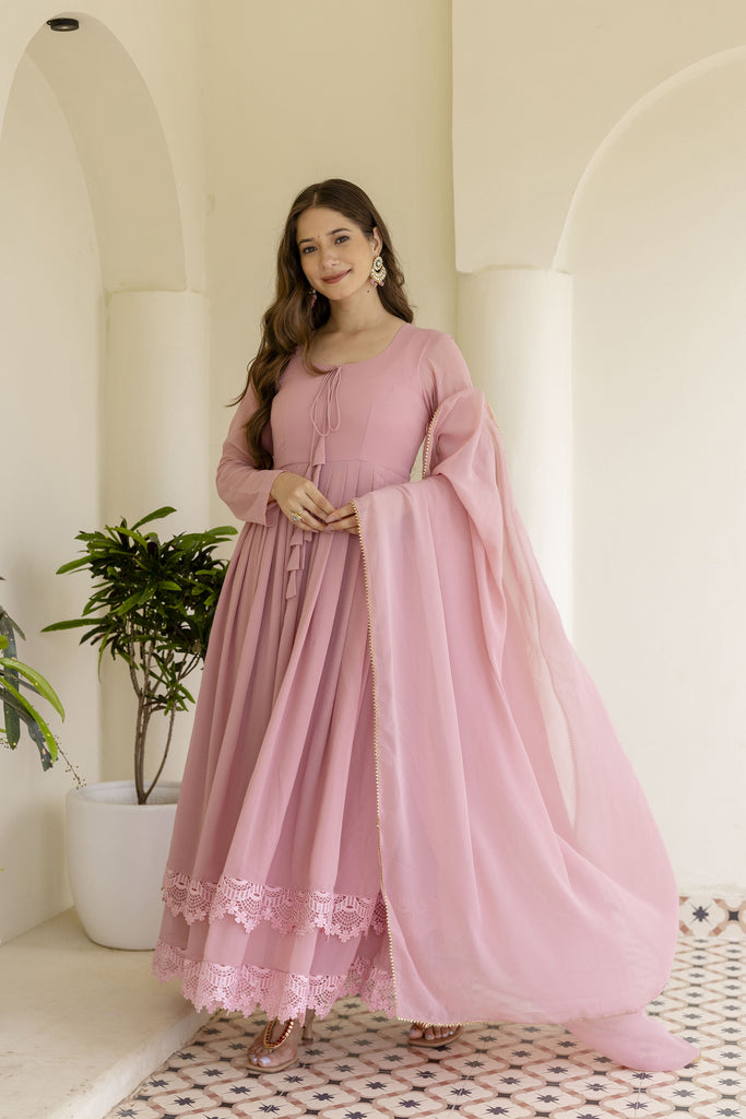 Blush Pink Luxe Georgette Anarkali Ensemble with Couture Lace Hem &amp; Ethereal Dupatta