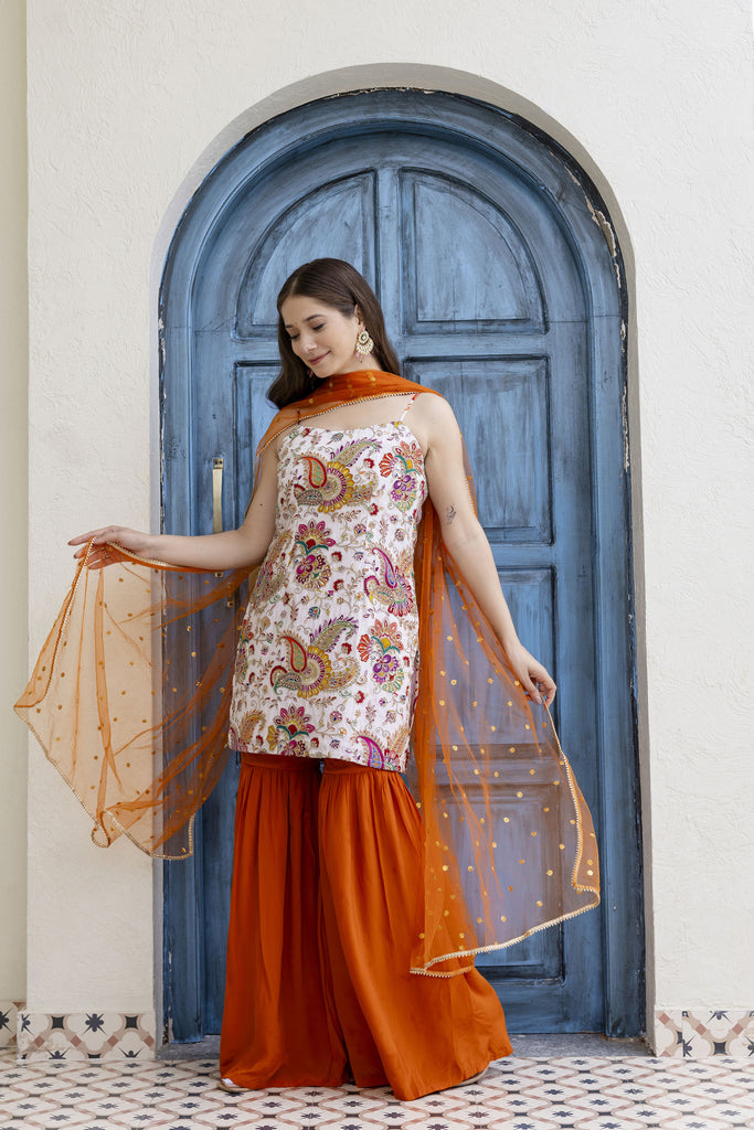 Ivory & Tangerine Orange Silk Blend Embroidered Kurta with Sharara &amp; Net Dupatta