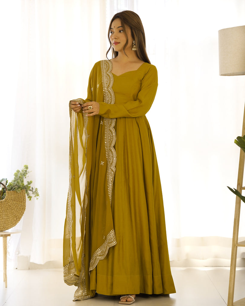 Mustard Yellow Pure Roman Silk Chanderi Gown With Dupatta