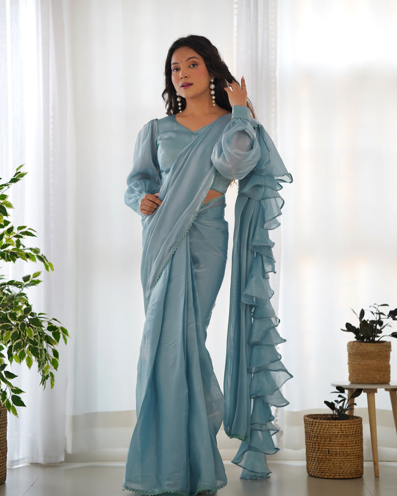 Sky Blue Jimmy Choo Organza Ready To Wear Ruffle Saree With  Blouse