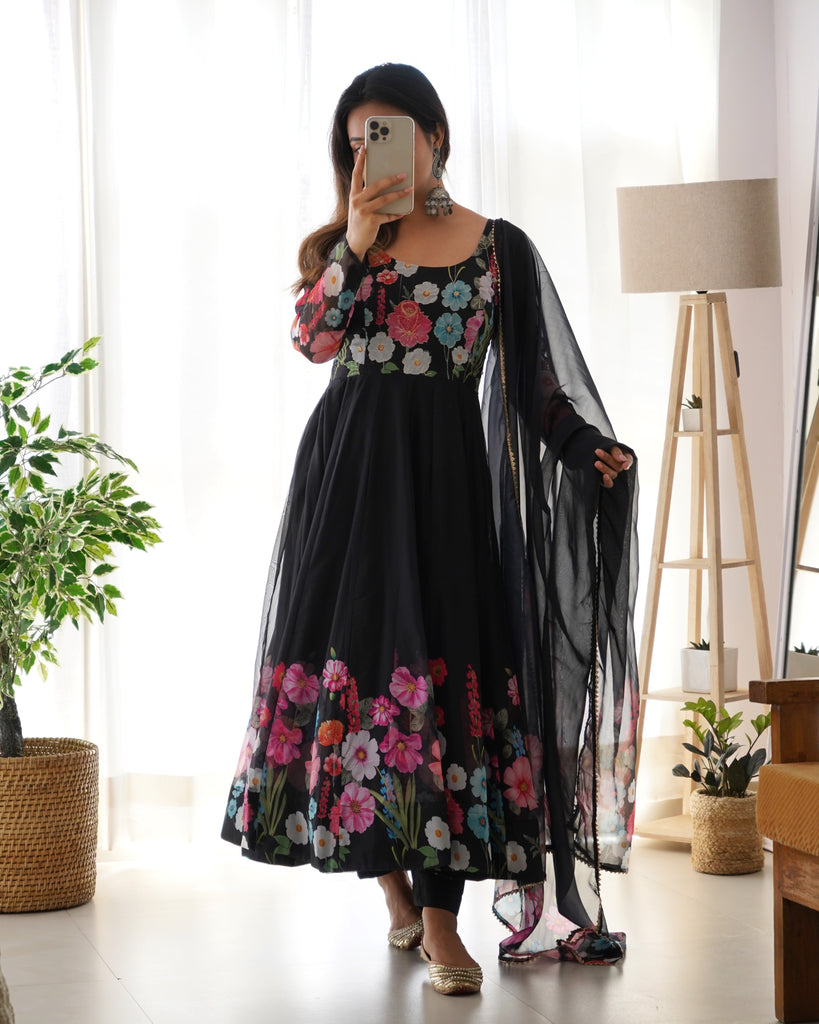 Black Organza Silk Floral Printed Gown With Dupatta Set