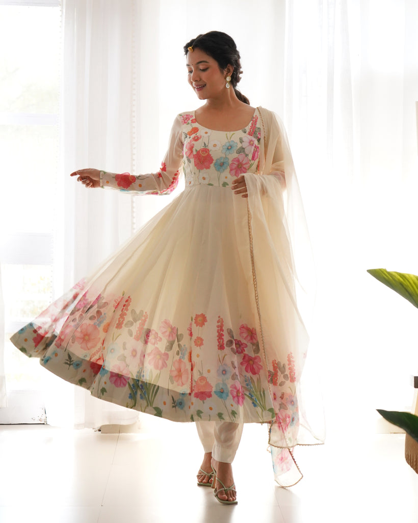 Cream Organza Silk Floral Printed Gown With Dupatta Set