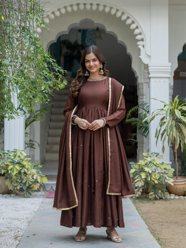 Women Chocolate Brown Flared Anarkali Kurta Set with Dupatta | Festive Ethnic Wear