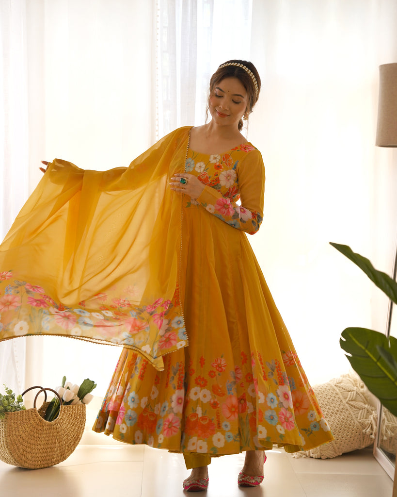 Mustard Yellow Organza Silk Floral Printed Gown With Dupatta Set