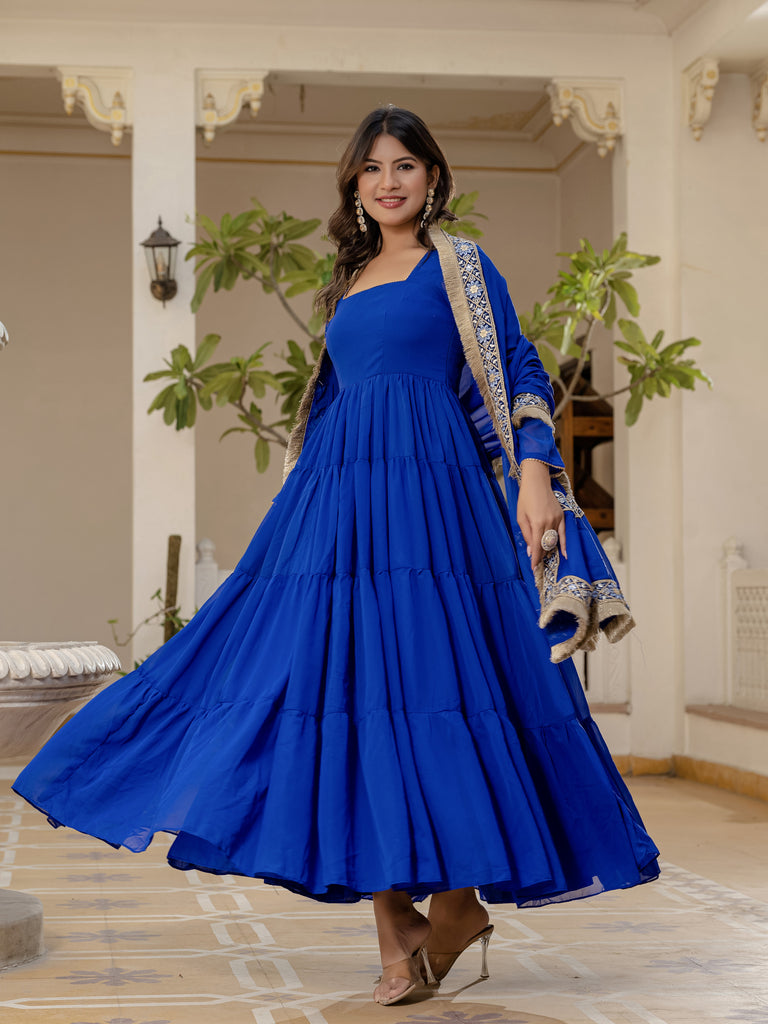 Cobalt Blue Georgette Gathered Flared Kurta with Churidar Pant &amp; Lace Border Dupatta