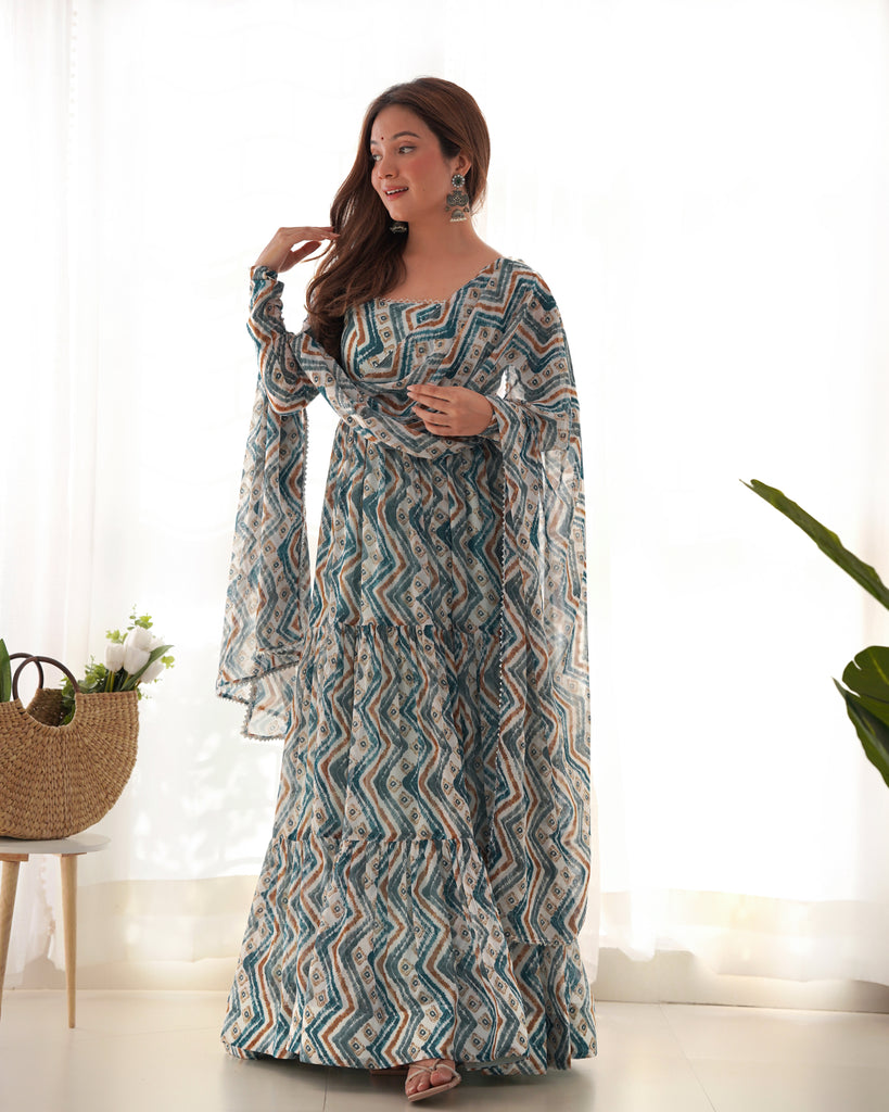 Blue Faux Georgette Zigzag Printed Gown With Dupatta