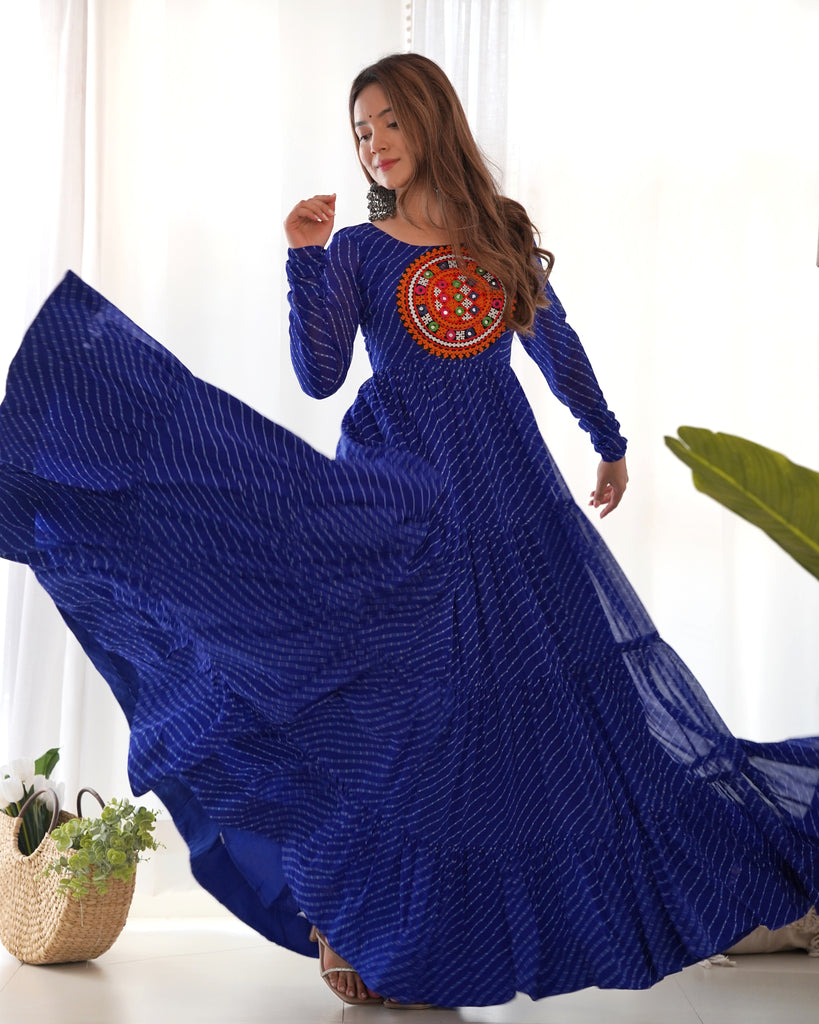 Royal Blue Faux Georgette Laheriya Printed Gown