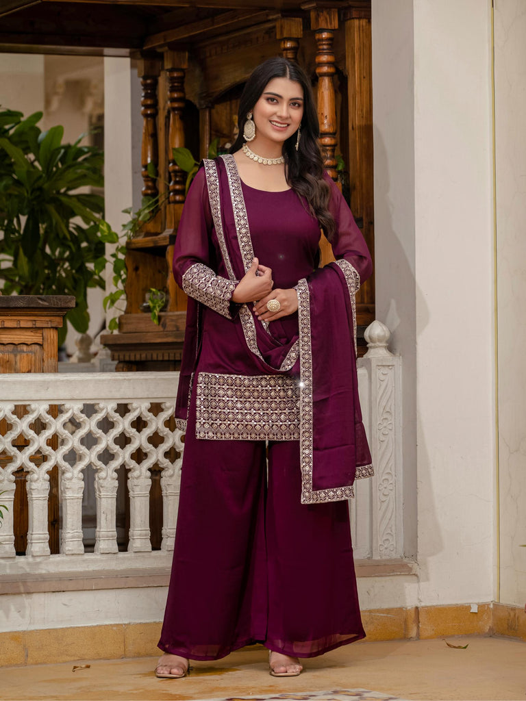 Velvet Wine Silk Blend Embroidered Kurta Set for Women with Palazzo & Dupatta – Festive & Wedding Wear