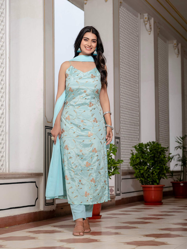 Aqua Mist Silk Blend Strappy Embroidered Kurta with Straight Pant & Georgette Dupatta