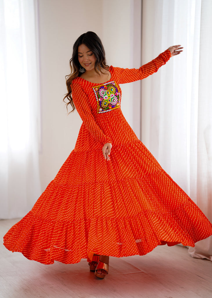 Orange Faux Georgette Laheriya Printed Gown