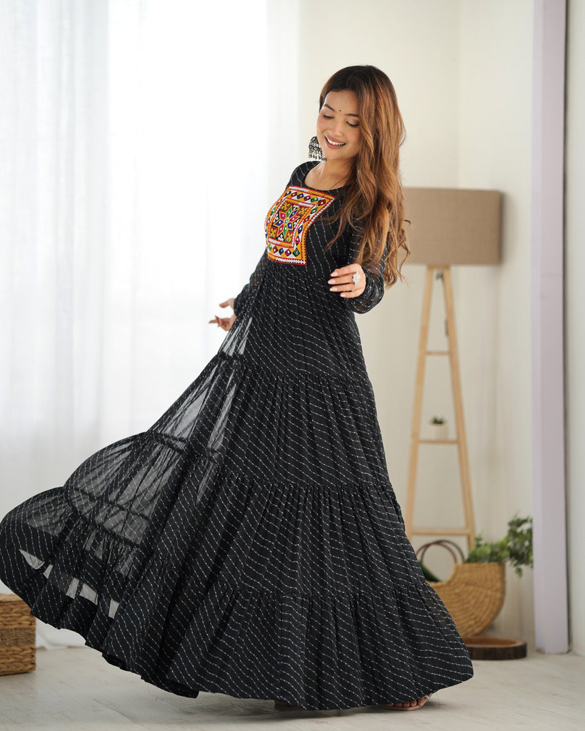 Black Faux Georgette Laheriya Printed Gown