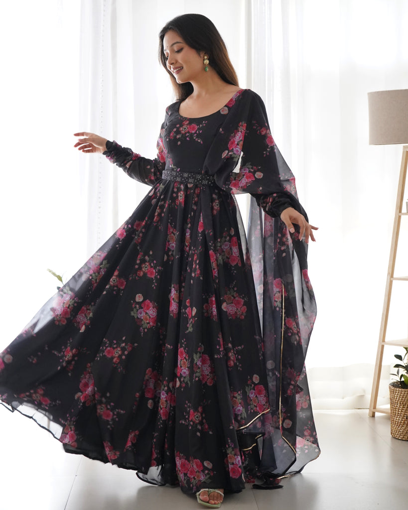 Black Organza Silk Floral Printed Gown With Dupatta Set